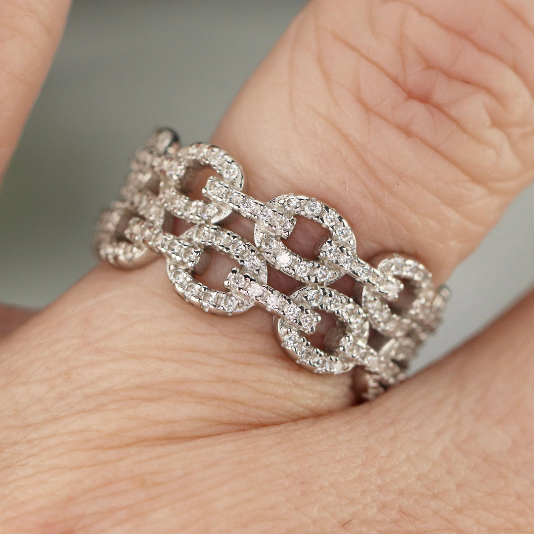 Sterling silver CZ studded double chain style band