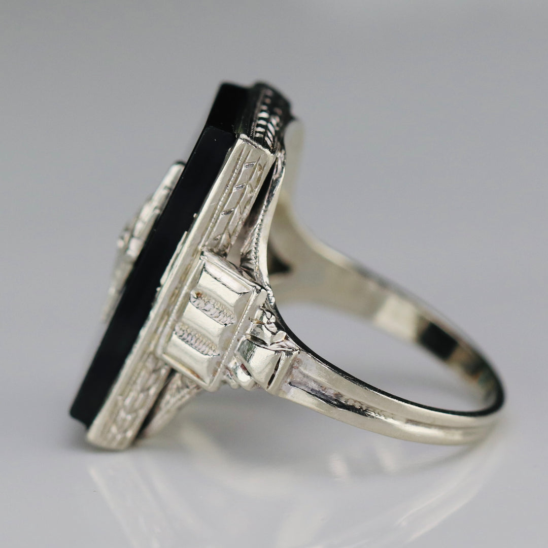 Art Deco oblong onyx and diamond vintage ring in 14k white gold