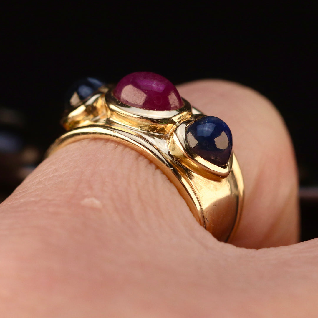 Etruscan style lab grown ruby and sapphire ring in 14k yellow gold