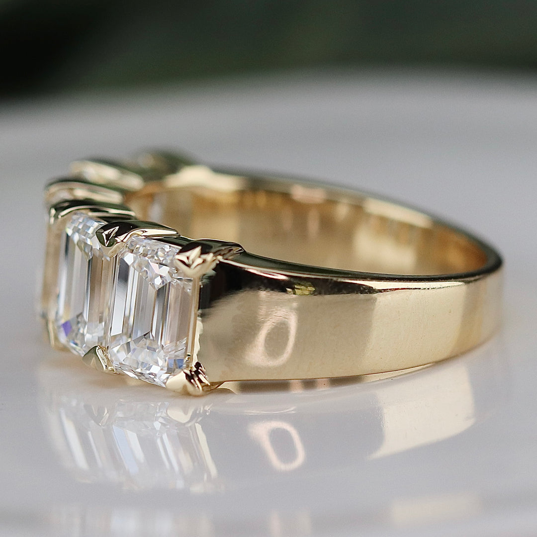 MANOR ROYAL: The Elizabeth ring - Lab grown 4.675ctw 5 stone emerald cut diamond band ring in 14k yellow gold