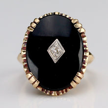 Load image into Gallery viewer, Large oval vintage black onyx and diamond ring in yellow gold ring