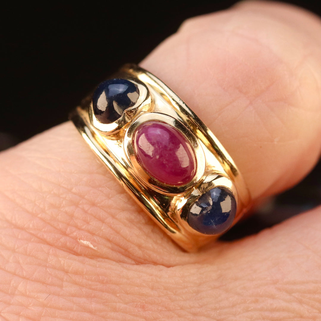 Etruscan style lab grown ruby and sapphire ring in 14k yellow gold