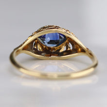 Load image into Gallery viewer, Vintage marquise cut lab grown blue sapphire ring in yellow gold