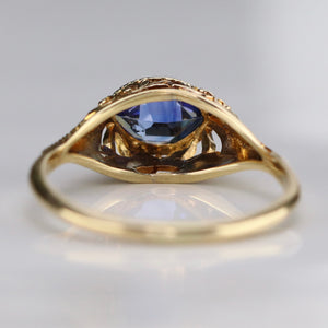 Vintage marquise cut lab grown blue sapphire ring in yellow gold