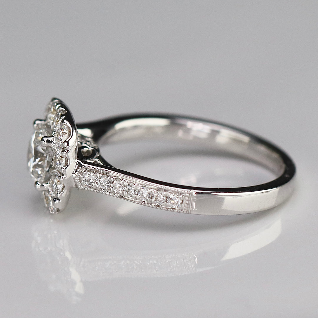 Lab grown diamond halo ring in 14k white gold