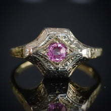 Load image into Gallery viewer, Vintage ring with pink sapphire in 14k yellow and white gold