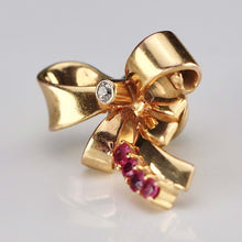 Load image into Gallery viewer, Mid century bow pin with diamond and lab grown rubies in 14 k yellow gold