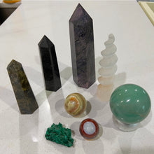 Load image into Gallery viewer, Set of 8 minerals: including selenite, labradorite, agate, and velvet malachite