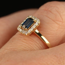 Load image into Gallery viewer, Sapphire and diamond halo ring in 14k yellow gold