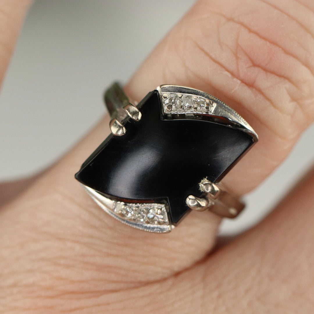 Fancy cut vintage onyx and diamond ring in white gold