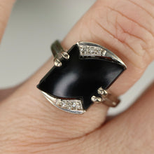 Load image into Gallery viewer, Fancy cut vintage onyx and diamond ring in white gold