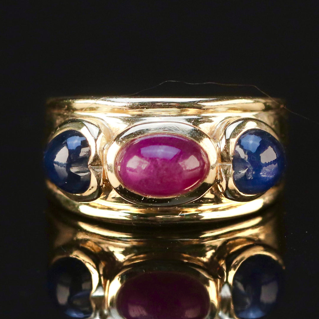 Etruscan style lab grown ruby and sapphire ring in 14k yellow gold