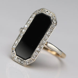 Edwardian antique elegant onyx and diamond vintage ring in yellow gold from Manor Jewels