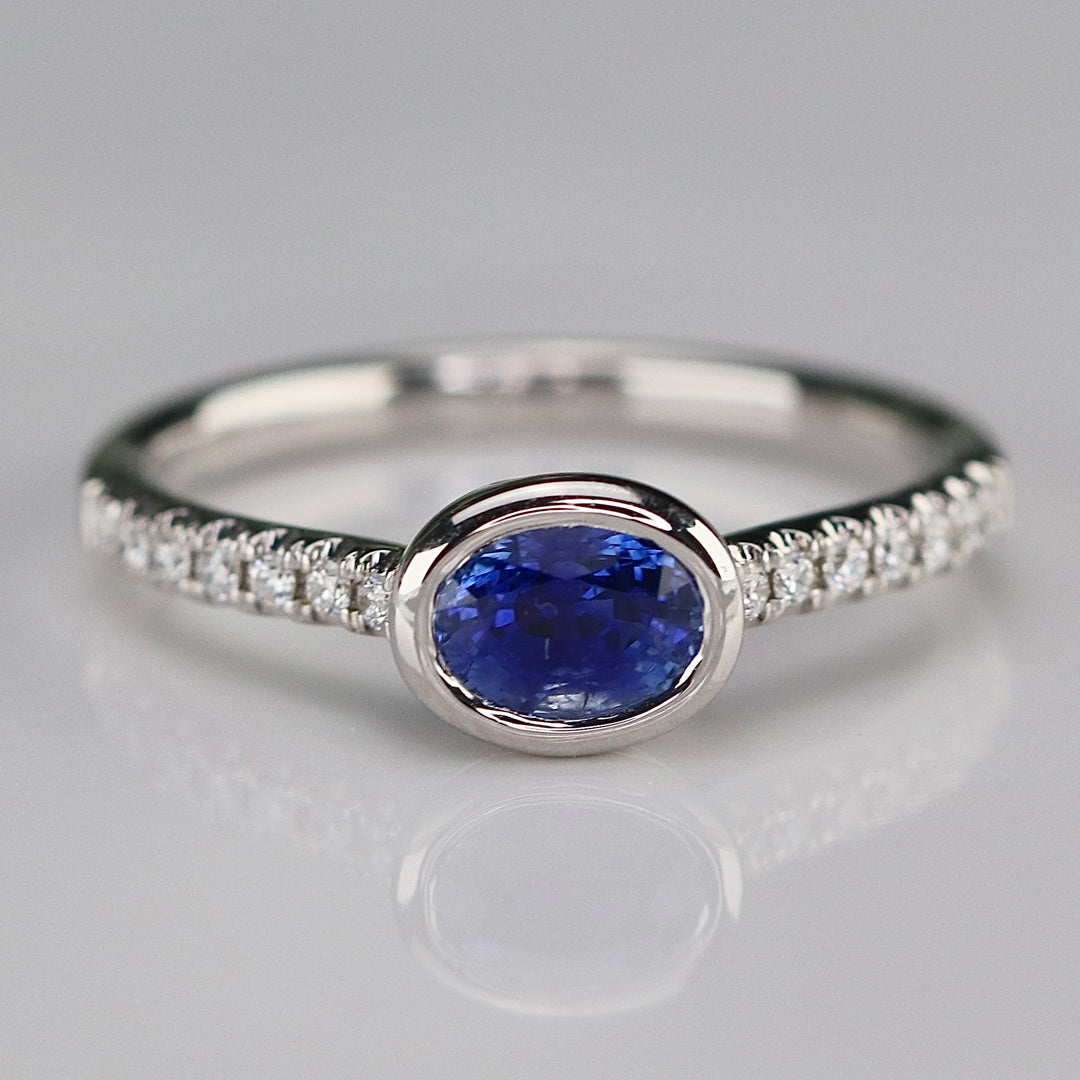 East west blue Sapphire and diamond ring in 14k white gold