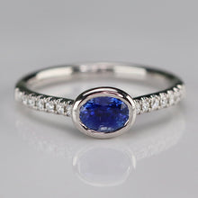 Load image into Gallery viewer, East west blue Sapphire and diamond ring in 14k white gold