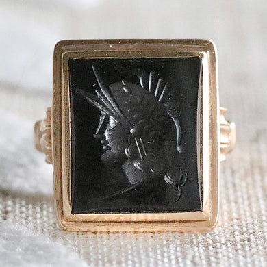 Vintage 1938 14k yellow gold onyx intaglio ring