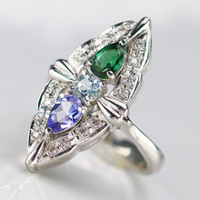 Load image into Gallery viewer, Platinum multi gemstone navette ring