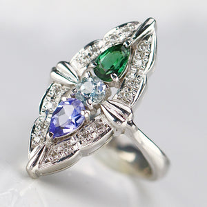 Platinum multi gemstone navette ring