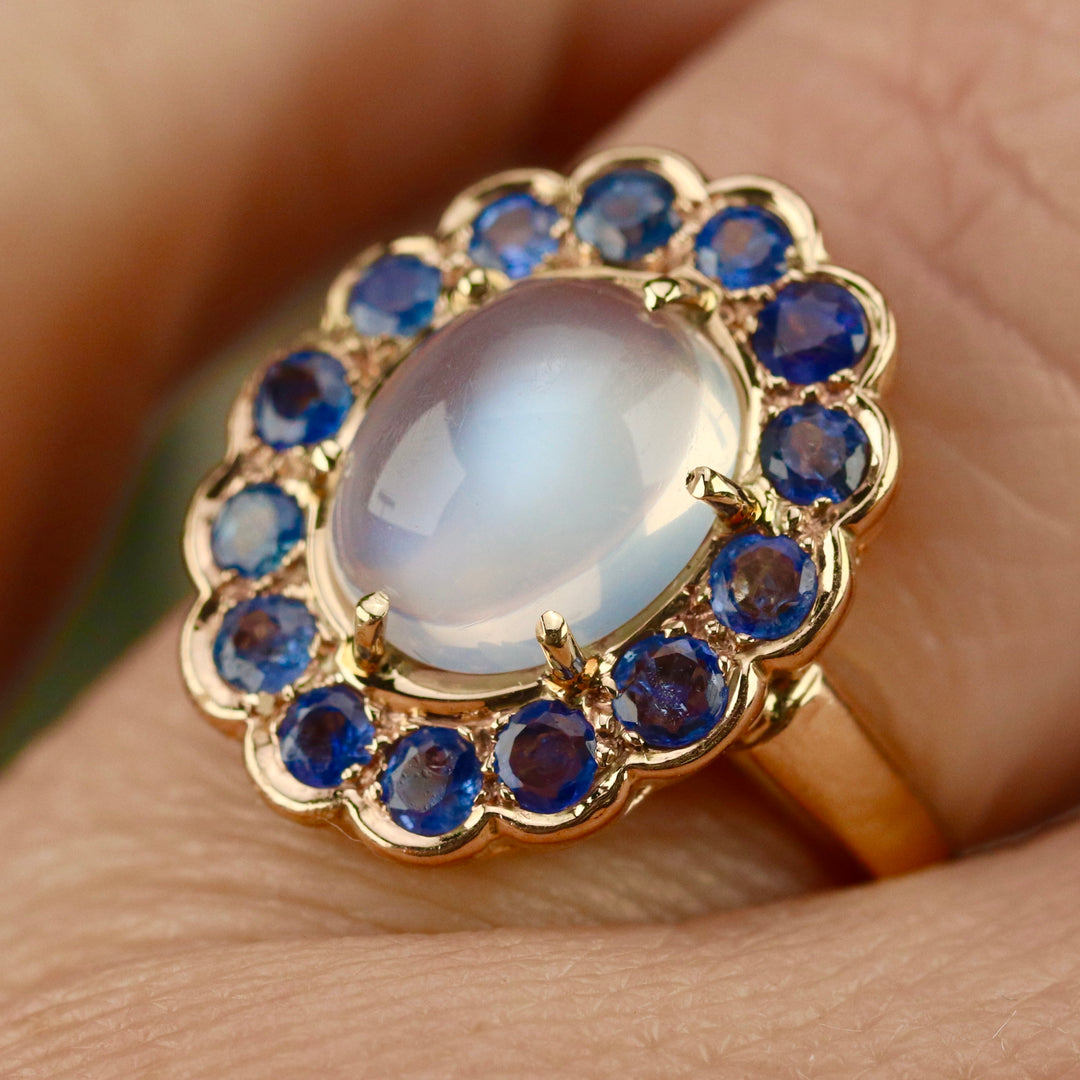 RESERVED: LAYAWAY PAYMENT 4 OF 10: Stunning moonstone and sapphire ring in 14k yellow gold