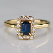 Load image into Gallery viewer, Sapphire and diamond halo ring in 14k yellow gold