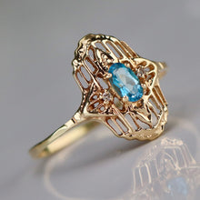 Load image into Gallery viewer, Vintage blue topaz and diamond plaque ring in yellow gold