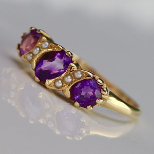 Vintage amethyst and seed pearl ring in 14k yellow gold