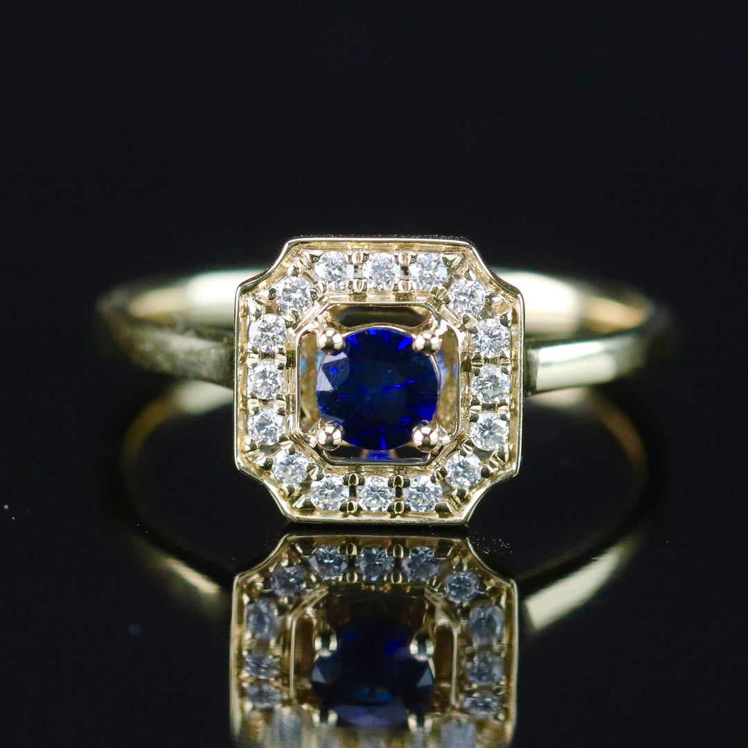 SALE!  Sapphire and diamond halo ring in 14k yellow gold