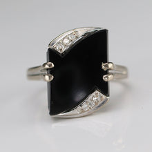 Load image into Gallery viewer, Fancy cut vintage onyx and diamond ring in white gold