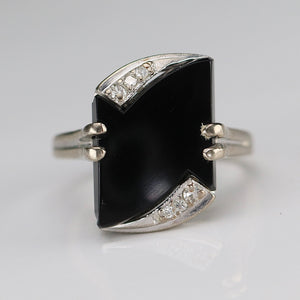 Fancy cut vintage onyx and diamond ring in white gold