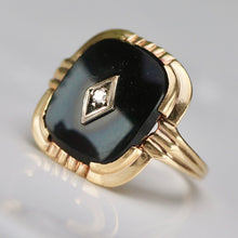 Load image into Gallery viewer, Vintage cushion cut onyx and diamond ring in yellow gold