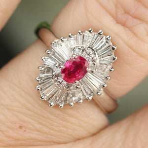 Estate ruby and diamond ballerina style ring in platinum