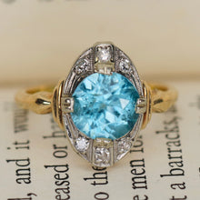 Load image into Gallery viewer, Vintage ring with blue zircon and diamonds in yellow and white gold