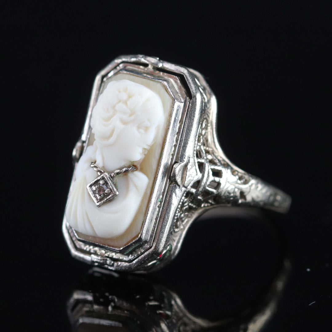 Vintage flip ring with onyx and cameo in 14k white gold