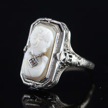 Load image into Gallery viewer, Vintage flip ring with onyx and cameo in 14k white gold