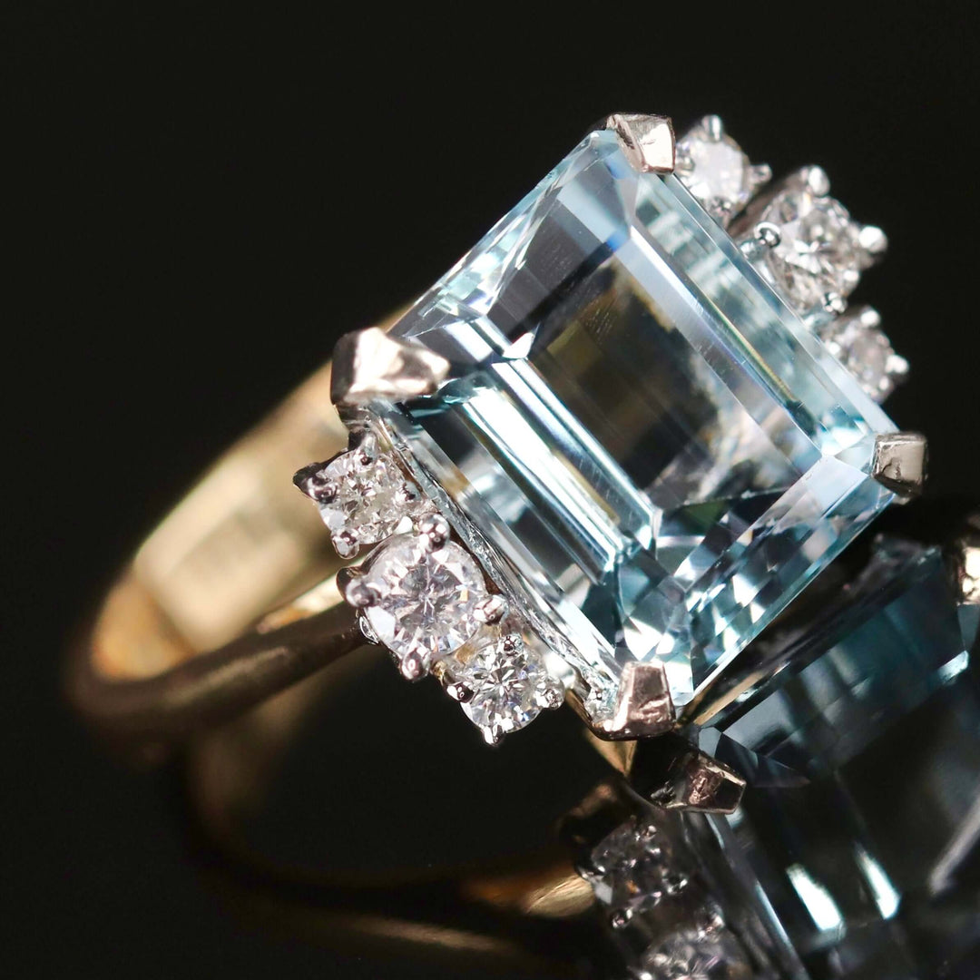 Vintage emerald cut Aquamarine ring in 14k yellow and white gold