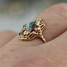 Load image into Gallery viewer, Vintage blue topaz and diamond plaque ring in yellow gold