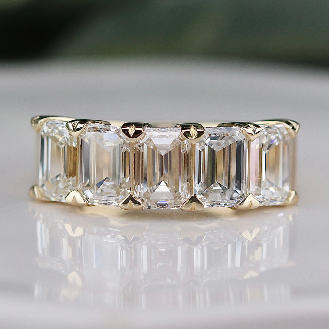 MANOR ROYAL: The Elizabeth ring - Lab grown 4.675ctw 5 stone emerald cut diamond band ring in 14k yellow gold