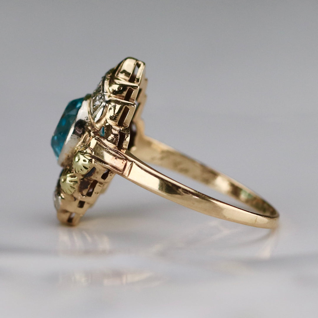 Vintage Blue zircon and diamond ring in 14K yellow gold