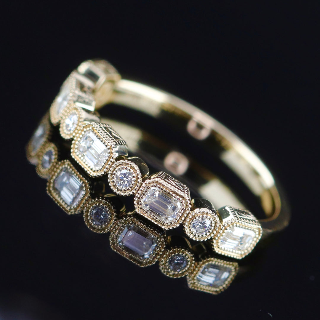 SALE!!  Emerald cut and round Diamond band in 14k yellow gold