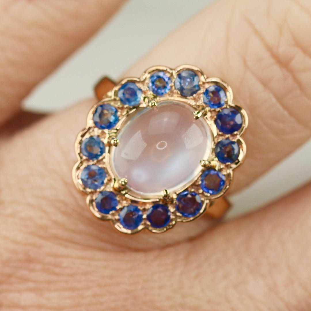 RESERVED: LAYAWAY PAYMENT 4 OF 10: Stunning moonstone and sapphire ring in 14k yellow gold