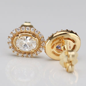 1ctw oval halo Lab Grown Diamond studs in 14k yellow gold