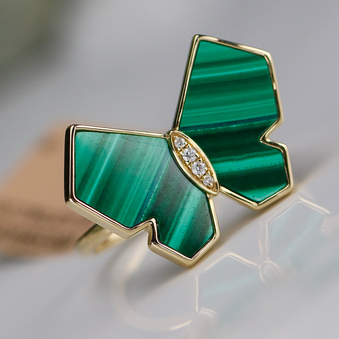 Malachite and diamond butterfly ring in 14k yellow gold by Effy