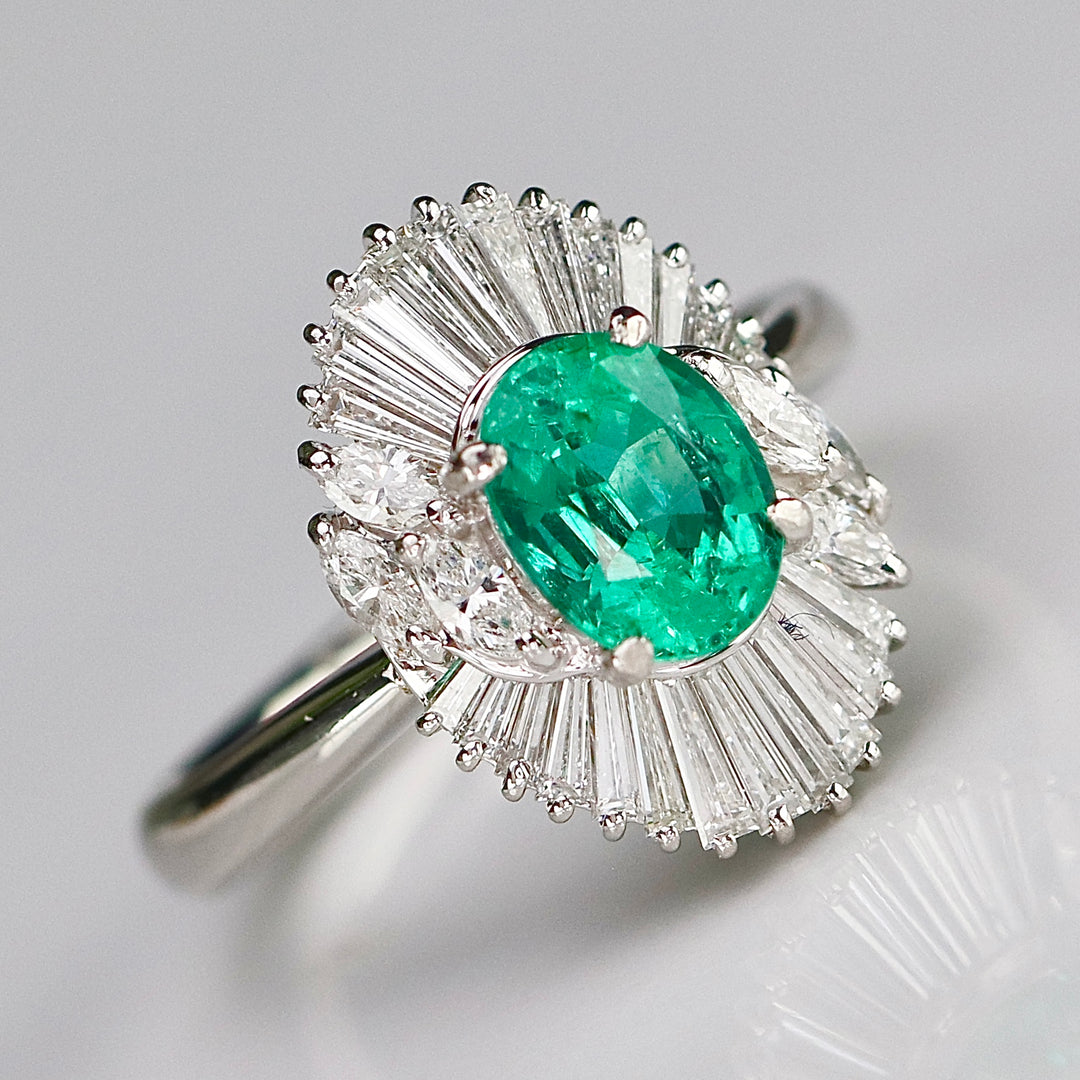 Estate Emerald and diamond ballerina style ring in platinum