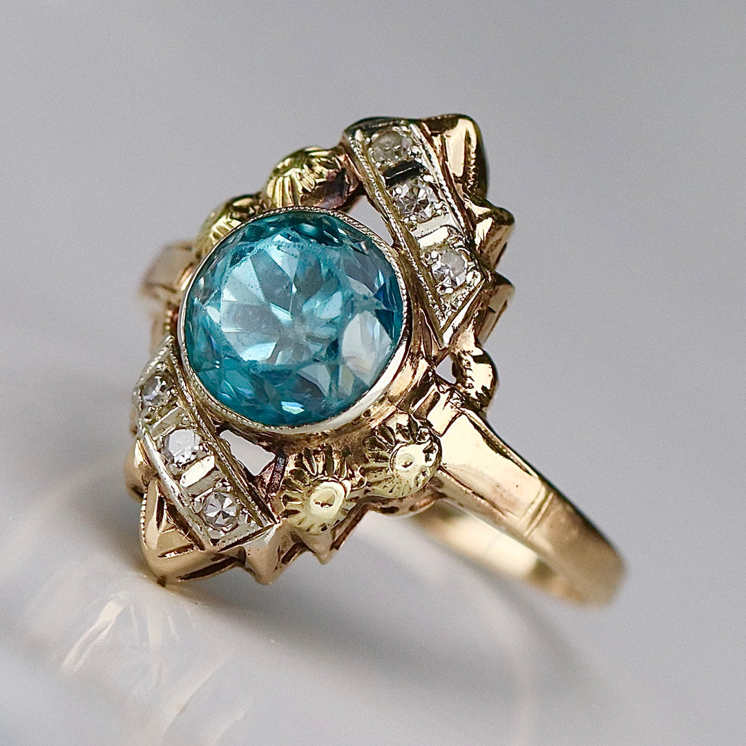 Vintage Blue zircon and diamond ring in 14K yellow gold