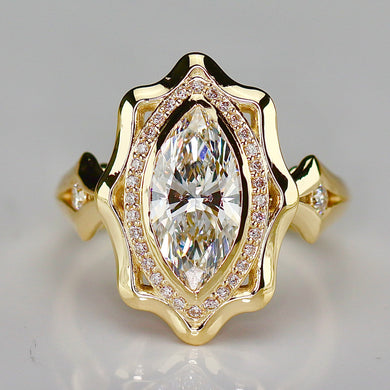 MANOR ROYAL: The Sienna - 1.64ctw Marquise lab grown diamond halo ring in 14k yellow gold