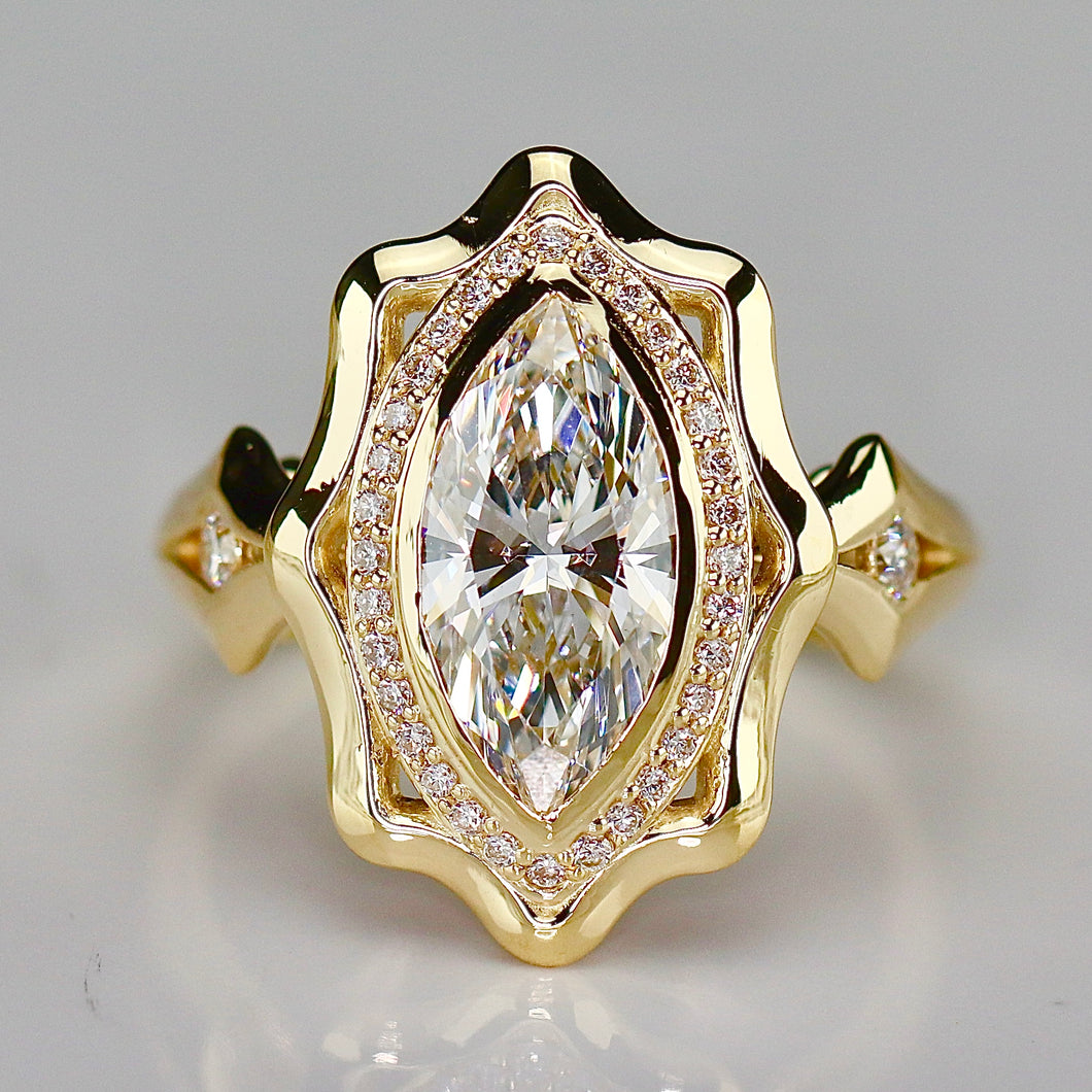 MANOR ROYAL: The Sienna - 1.64ctw Marquise lab grown diamond halo ring in 14k yellow gold