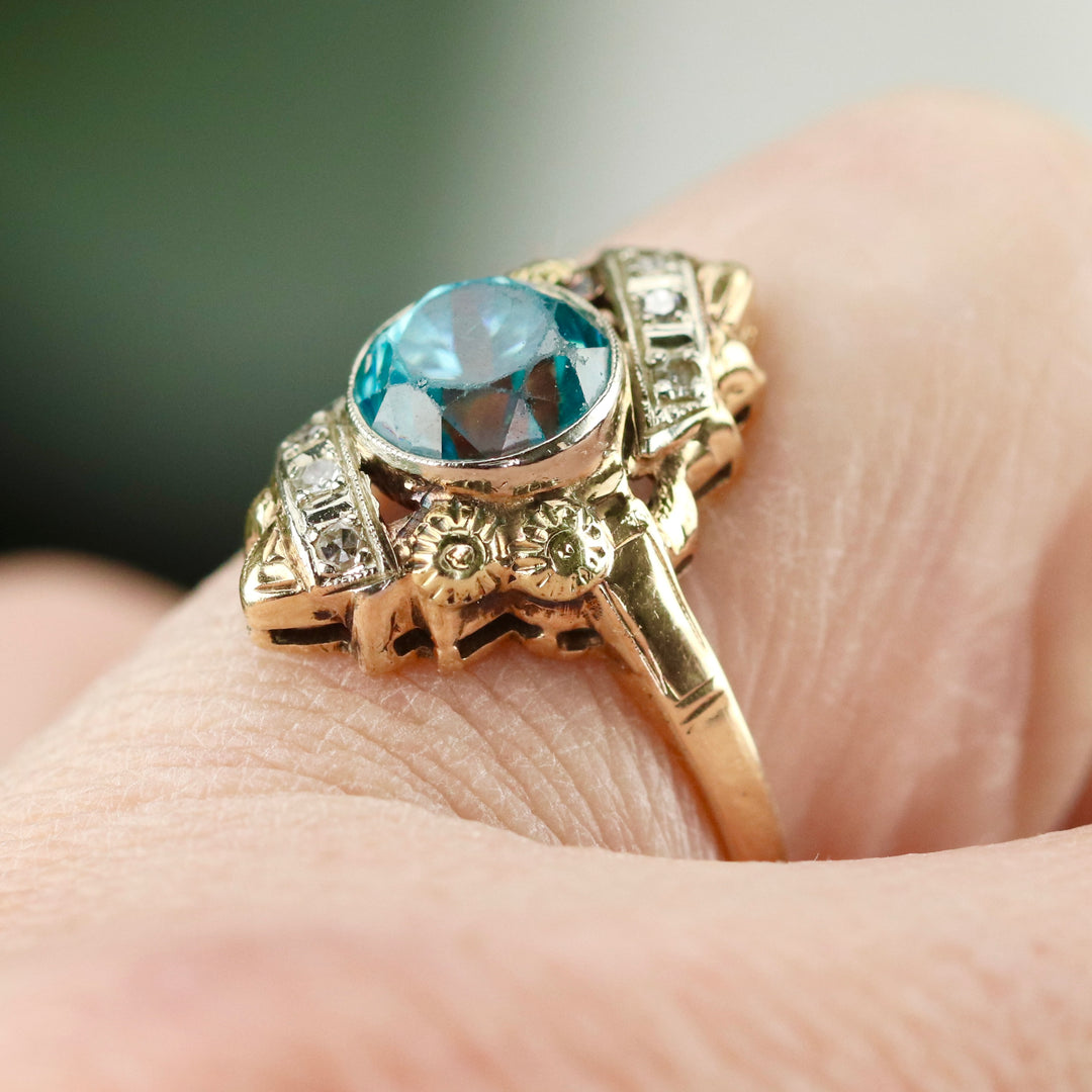 Vintage Blue zircon and diamond ring in 14K yellow gold