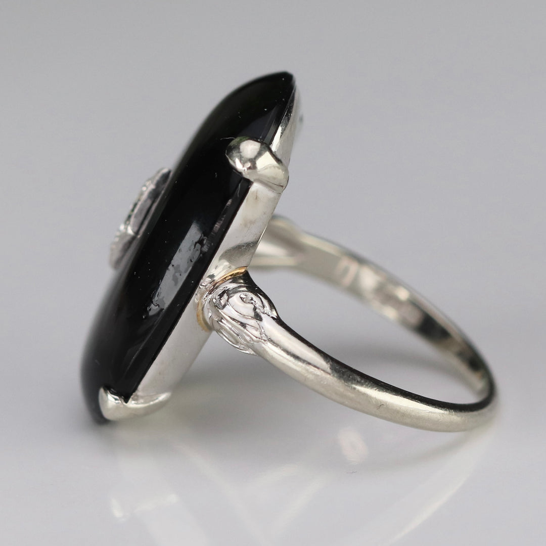 Vintage large Onyx cabochon & diamond ring in 14k white gold