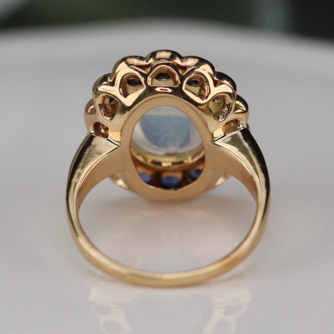 RESERVED: LAYAWAY PAYMENT 4 OF 10: Stunning moonstone and sapphire ring in 14k yellow gold