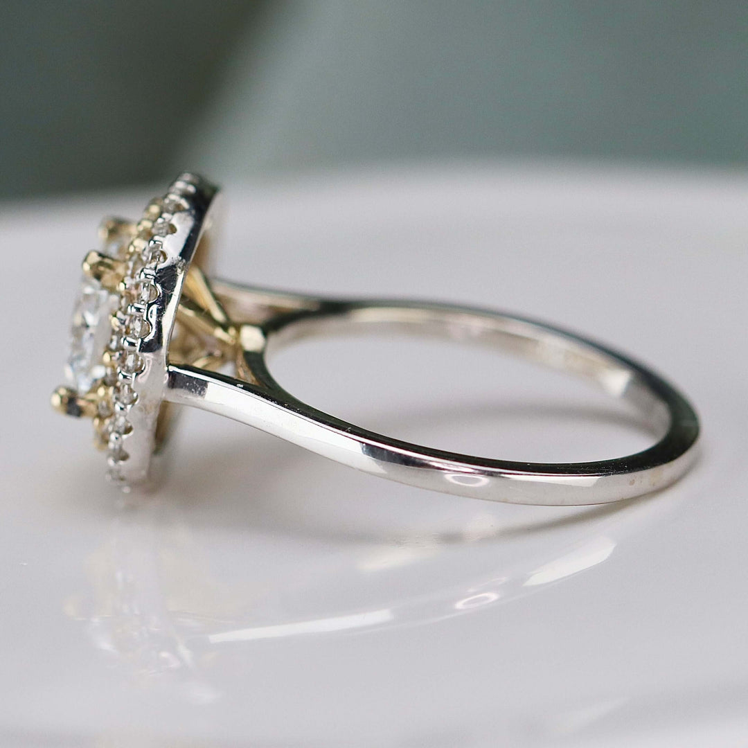 Natural double diamond halo with lab grown cushion diamond ring in 14k SPECIAL